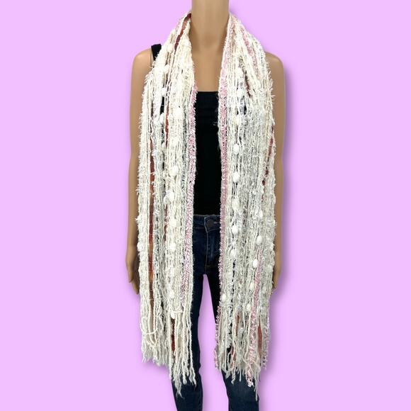 Handmade Boucle Boho Fringe Scarf cream pink womens - Picture 1 of 4